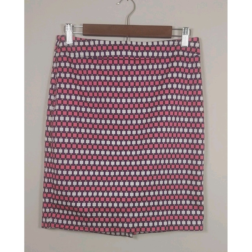 Ann Taylor Pencil Skirt Womens 8P Pink Purple White Geometric Lined Stretch